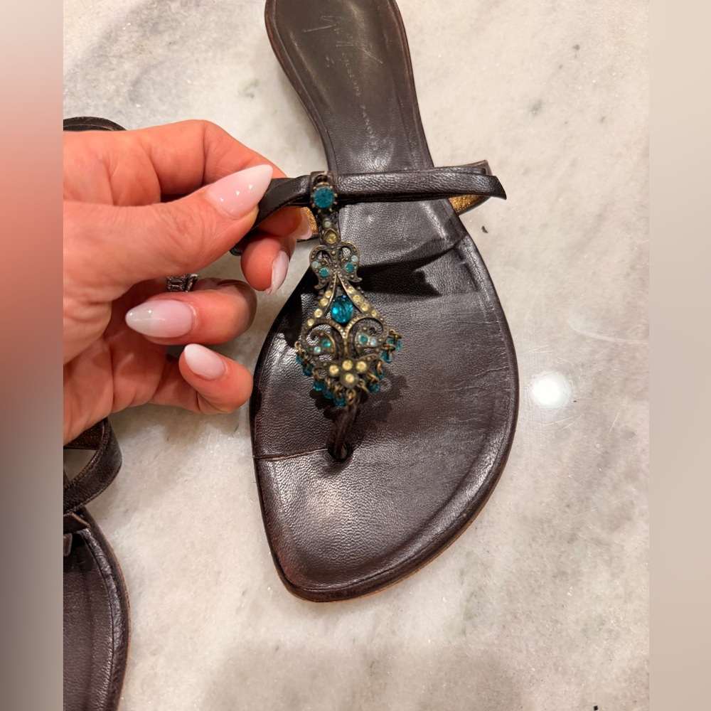 Giuseppe Zanotti Deep Brown Jeweled Toe-Post Turquoise Embellished (Size 6)